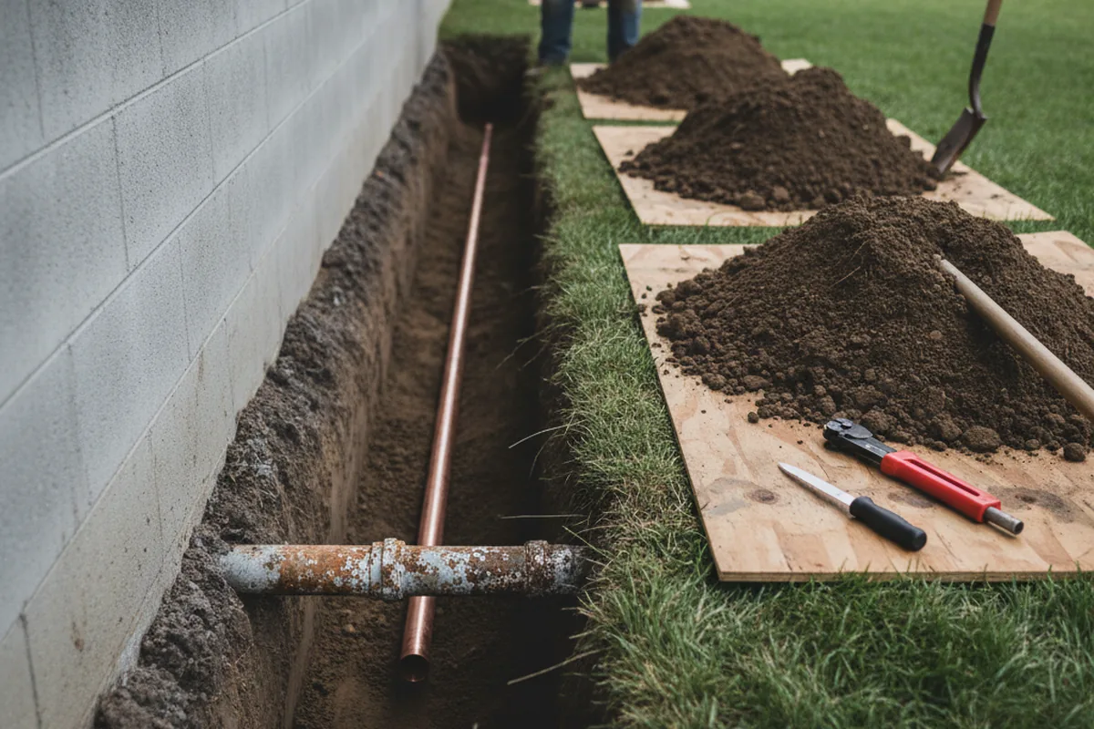 Excavated water line trench during Water Softener Installation in Larkspur